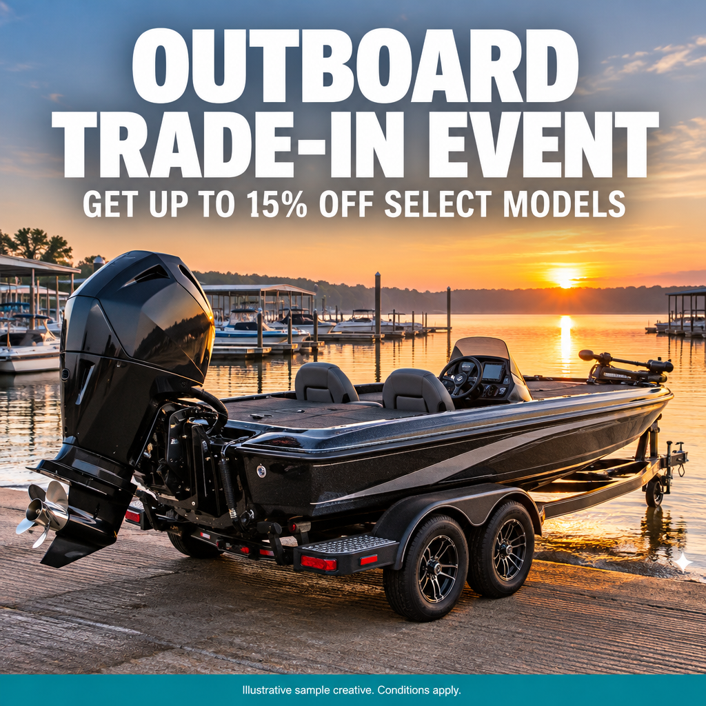 Sample marine dealership ad creative: bass boat with outboard motor on a trailer with a trade-in offer headline