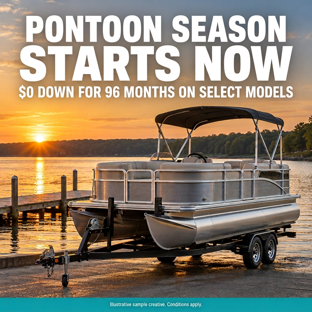 Sample boat dealership ad creative: pontoon boat on a trailer with a seasonal offer headline